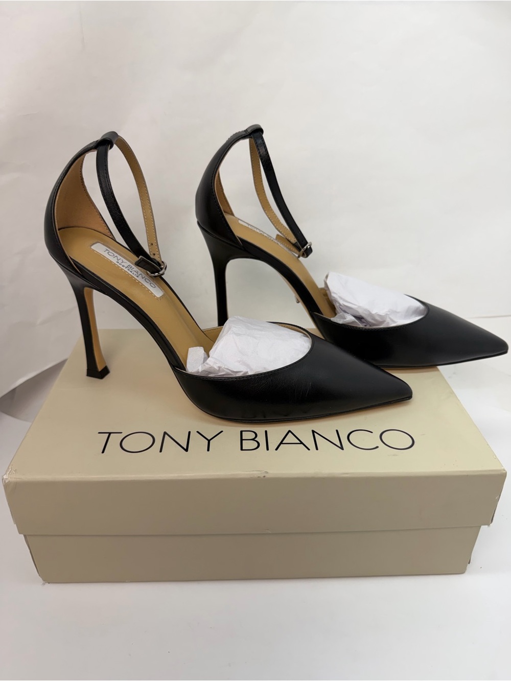 Tony Bianco Aztec Heel in Black Como leather high heel ankle strap pointed toe - Picture 2 of 7
